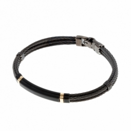 Bracelet jonc en or jaune et cables acier noir