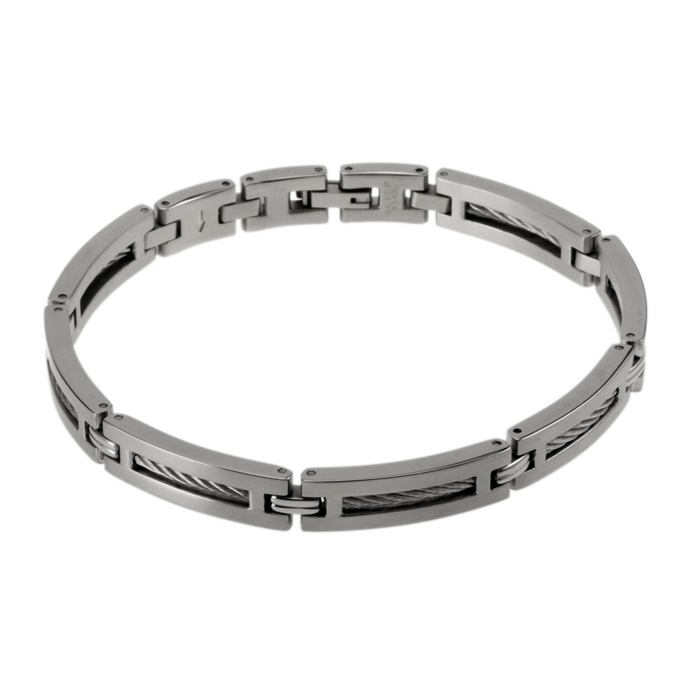 Men's leather bracelet with metal cables, magnetic steel clasp, biker