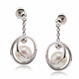Boucles d'oreilles en argent rhodié, perle de culture et oxydes de zirconium