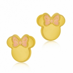 Boucles d'oreilles en or jaune et laque rose et noeud rose, Minnie Disney 