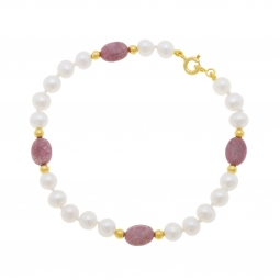 Bracelet or jaune, perles de culture et rhodonites