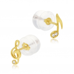 Boucles d'oreilles en or jaune et oxyde de zirconium, note musique et clef