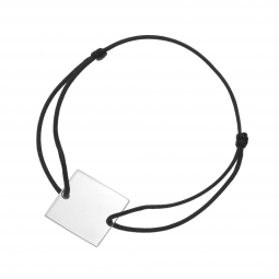 Bracelet cordon noir en argent rhodié plaque carré 20 mm