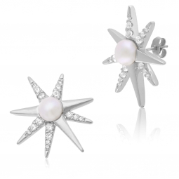 Boucles d'oreilles en argent rhodié, perle de culture et oxydes de zirconium, étoile