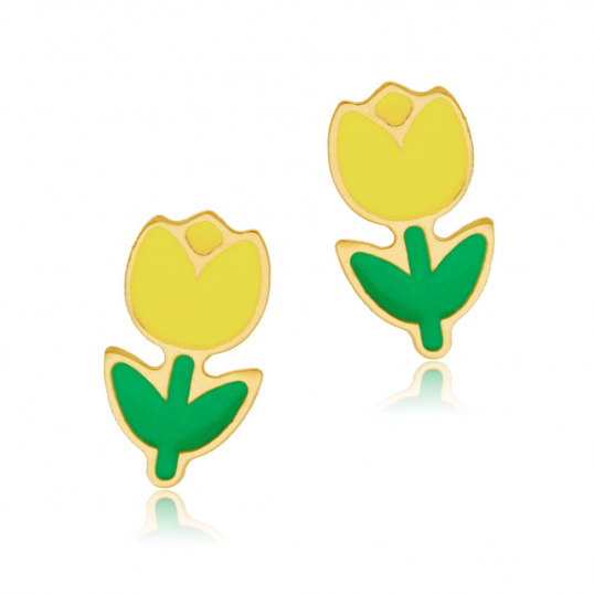 Boucles d'oreilles en or jaune et laque, tulipe