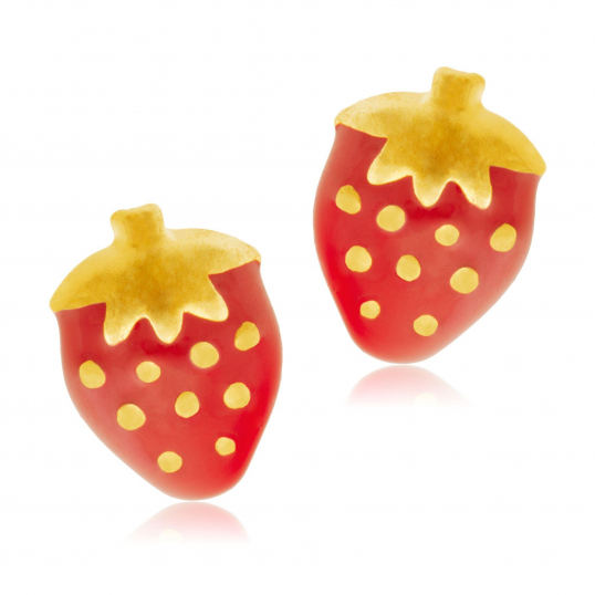 Boucles d'oreilles en plaqué or et laque, fraise