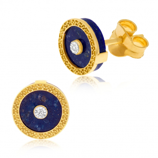 Boucles d'oreilles en or jaune rhodié, lapis lazuli et diamant