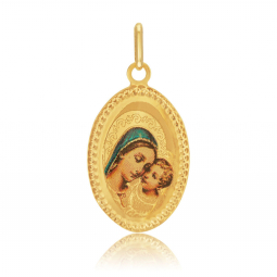 Médaille en or jaune et résine, vierge et enfant