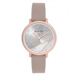 Montre femme, boite en acier rose doré, bracelet en cuir beige et verre minéral